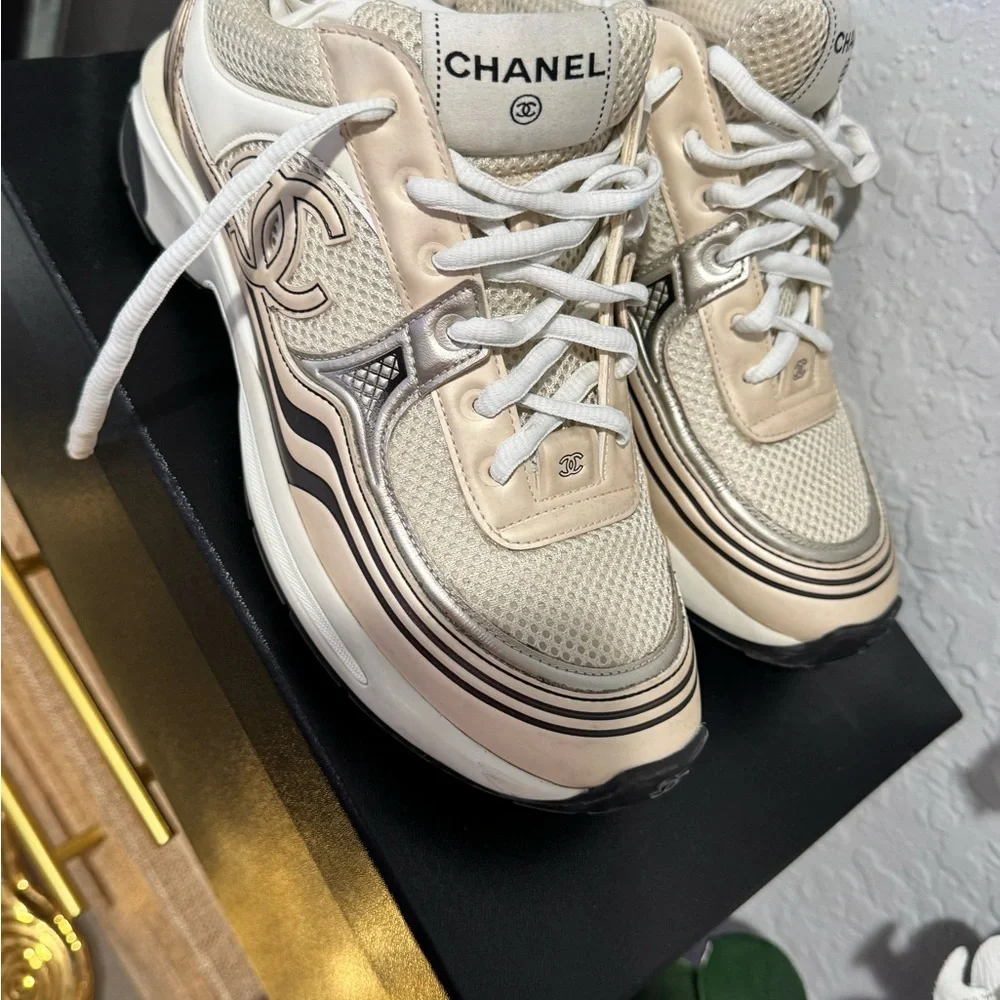 CHANEL Cream White Beige Mesh Logo Sneakers